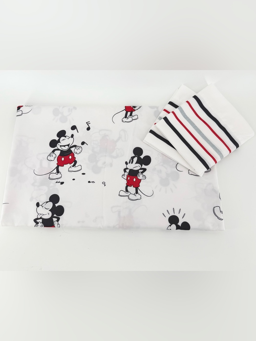 Disney Mickey Mouse Full Bed Sheet Set 4 Piece White Red Gray Striped